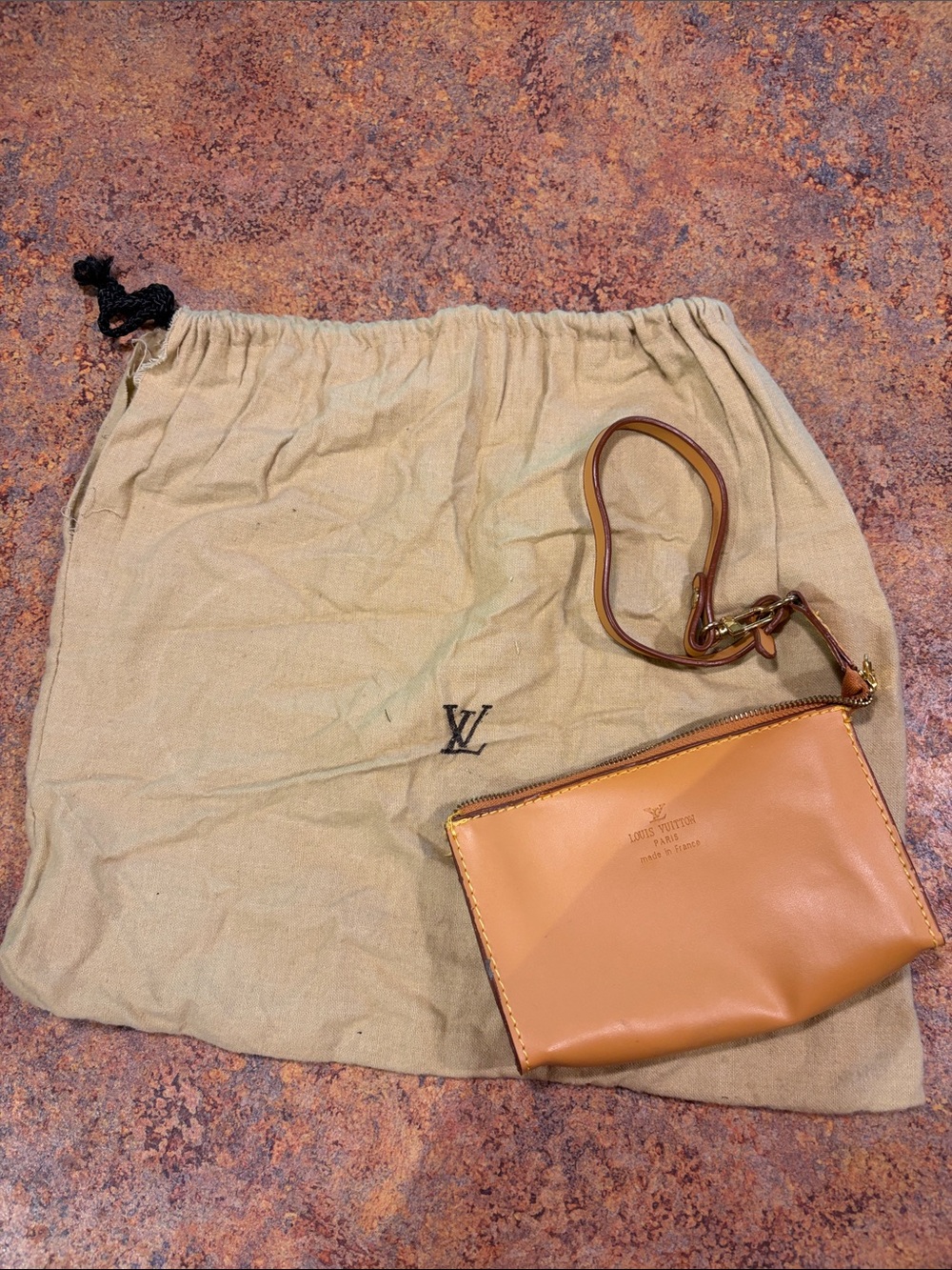 Designer faux Louis Vuitton Tan/Cognac Leather Wristlet Pouch with Gold Hardware